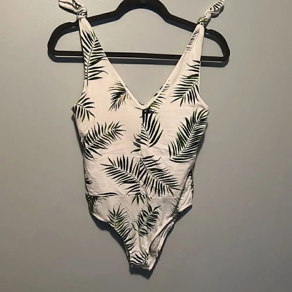 H&M Womens Tropical Print Tie-Shoulder Straps Bodysuit Green & White